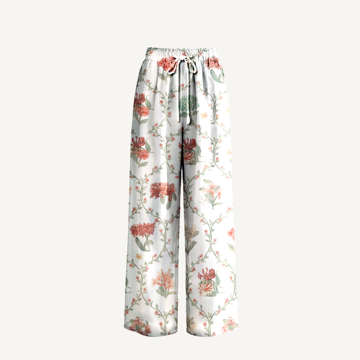  Boho Coral Vine Wide Leg Tie Waist Pants With Pockets