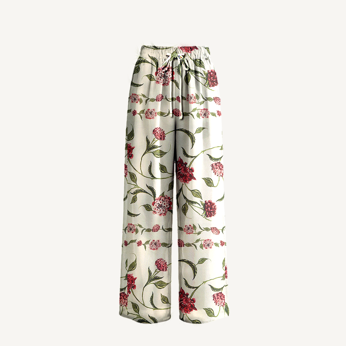  Boho Red Floral Wide Leg Tie Waist Pants With Pockets