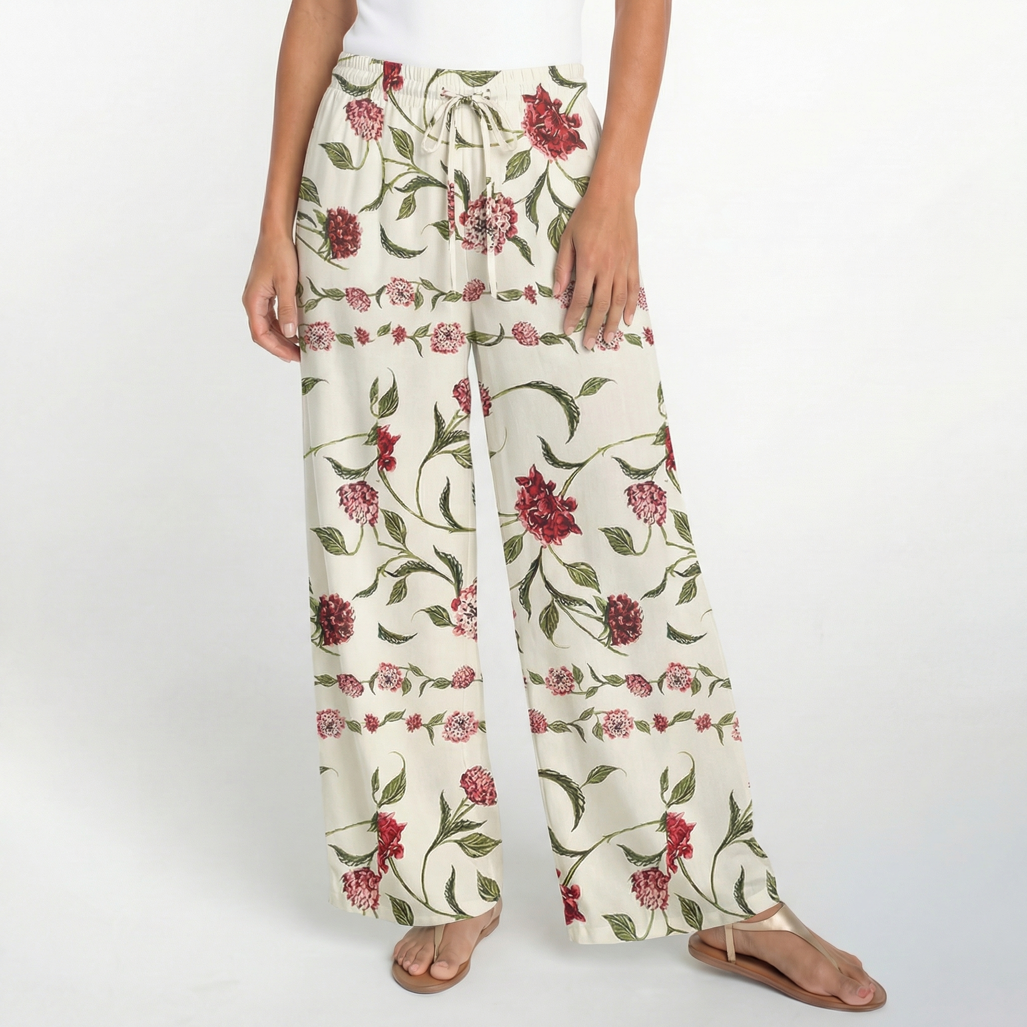 Boho Red Floral Wide Leg Tie Waist Pants With Pockets