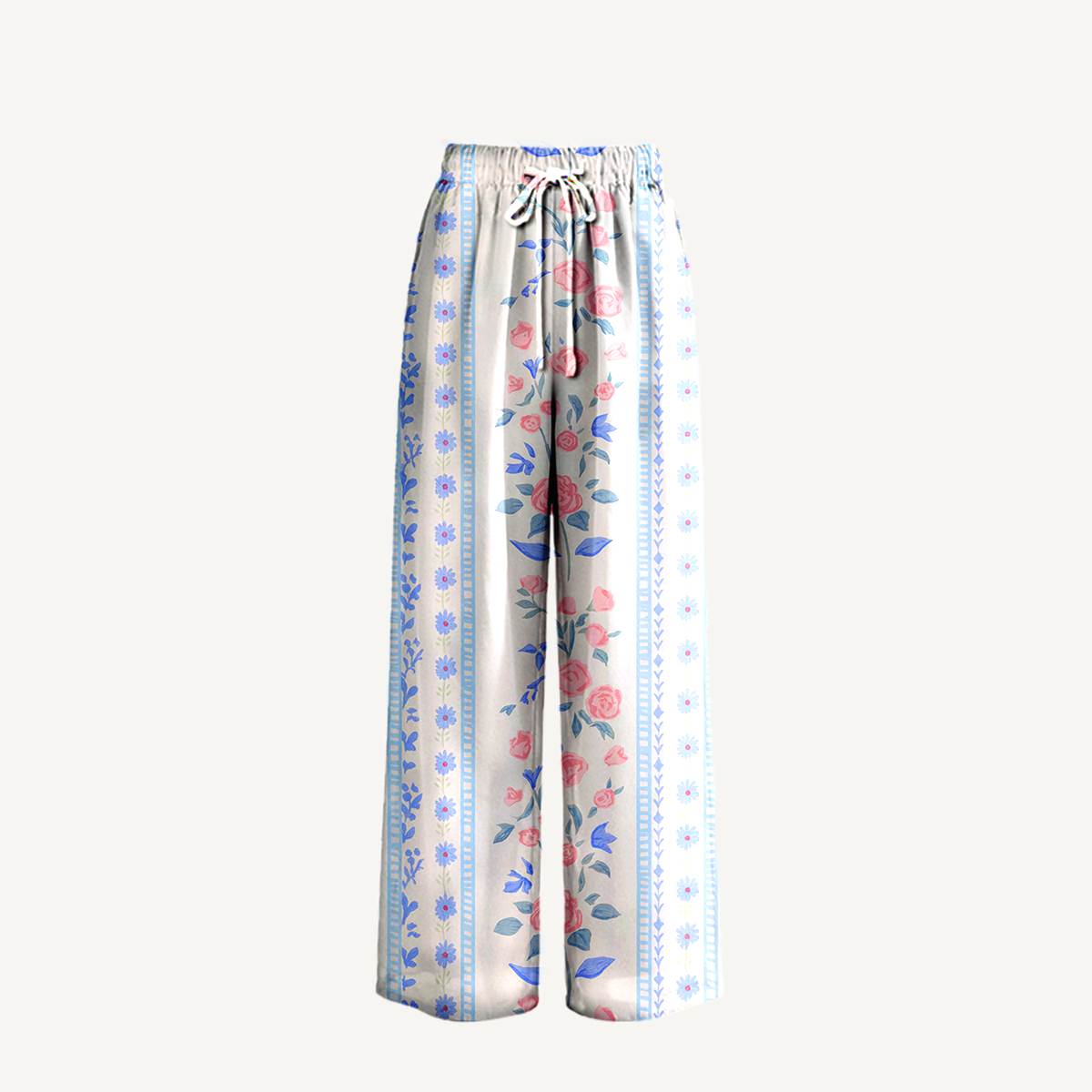  Boho Blue Rose Wide Leg Tie Waist Pants With Pockets