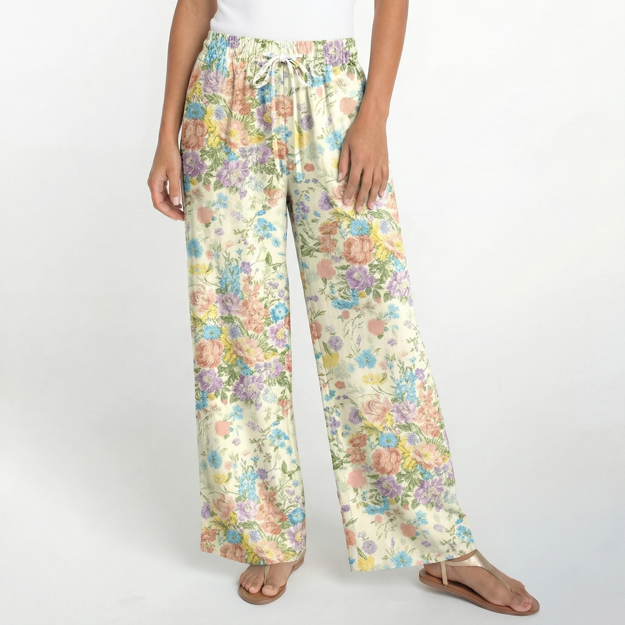  Boho Morning Dew Bouquet Wide Leg Tie Waist Pants With Pockets