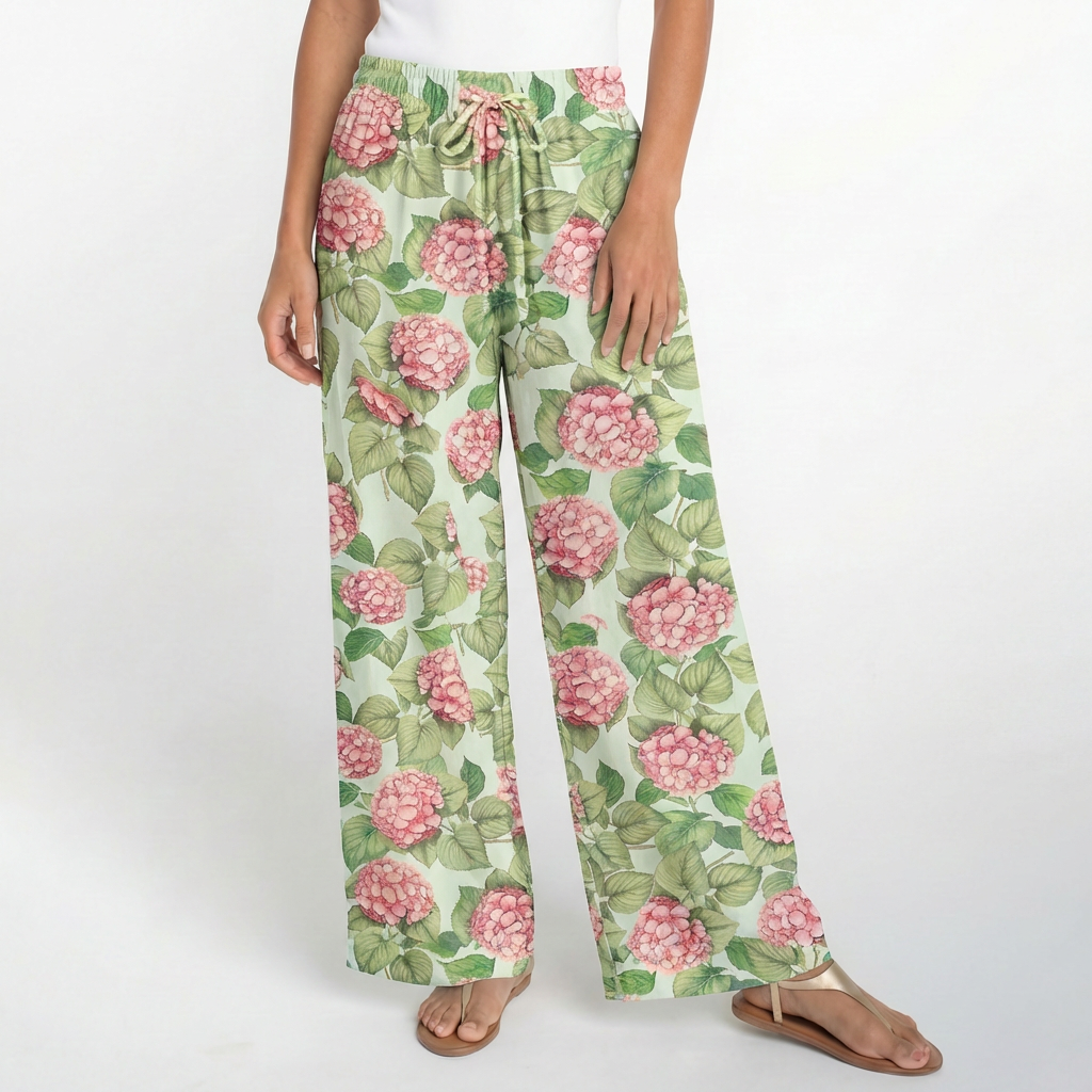  Boho Hydrangea Whisper Wide Leg Tie Waist Pants With Pockets