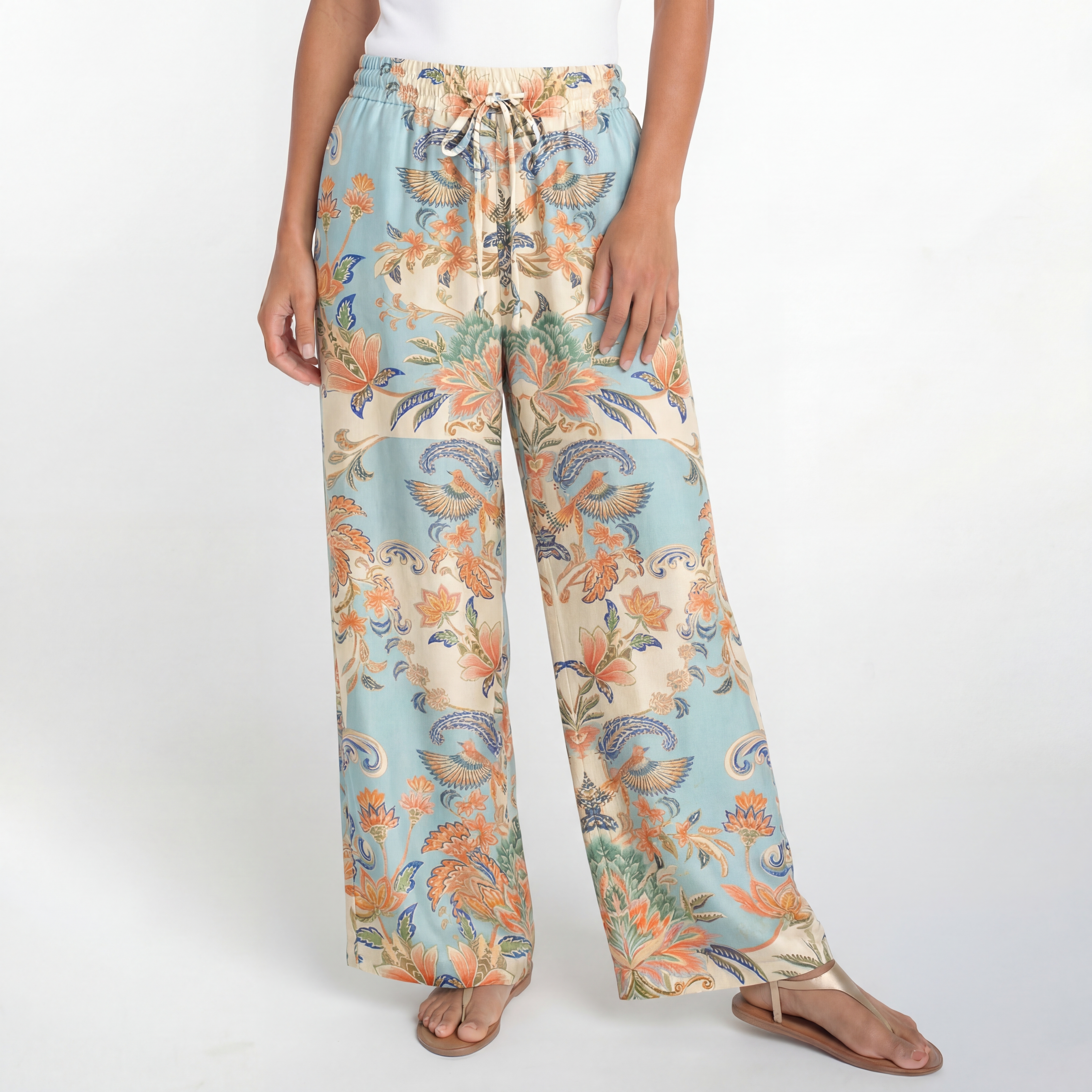  Boho Azure Lily Palace Wide Leg Tie Waist Pants With Pockets