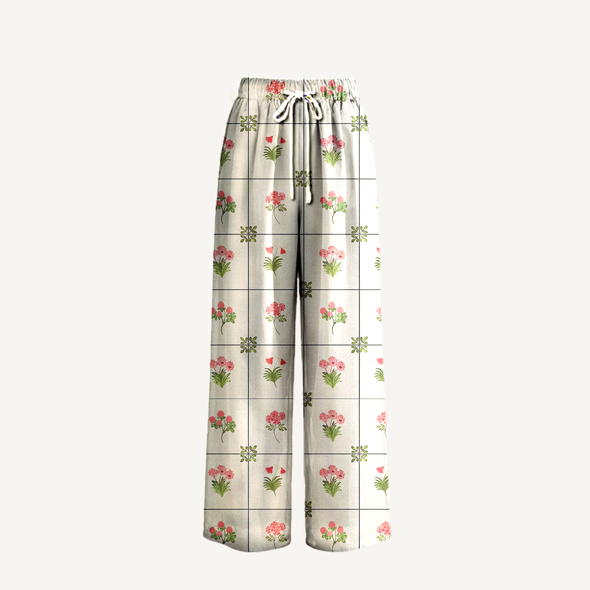  Boho Meadow Tile Bloom Wide Leg Tie Waist Pants With Pockets
