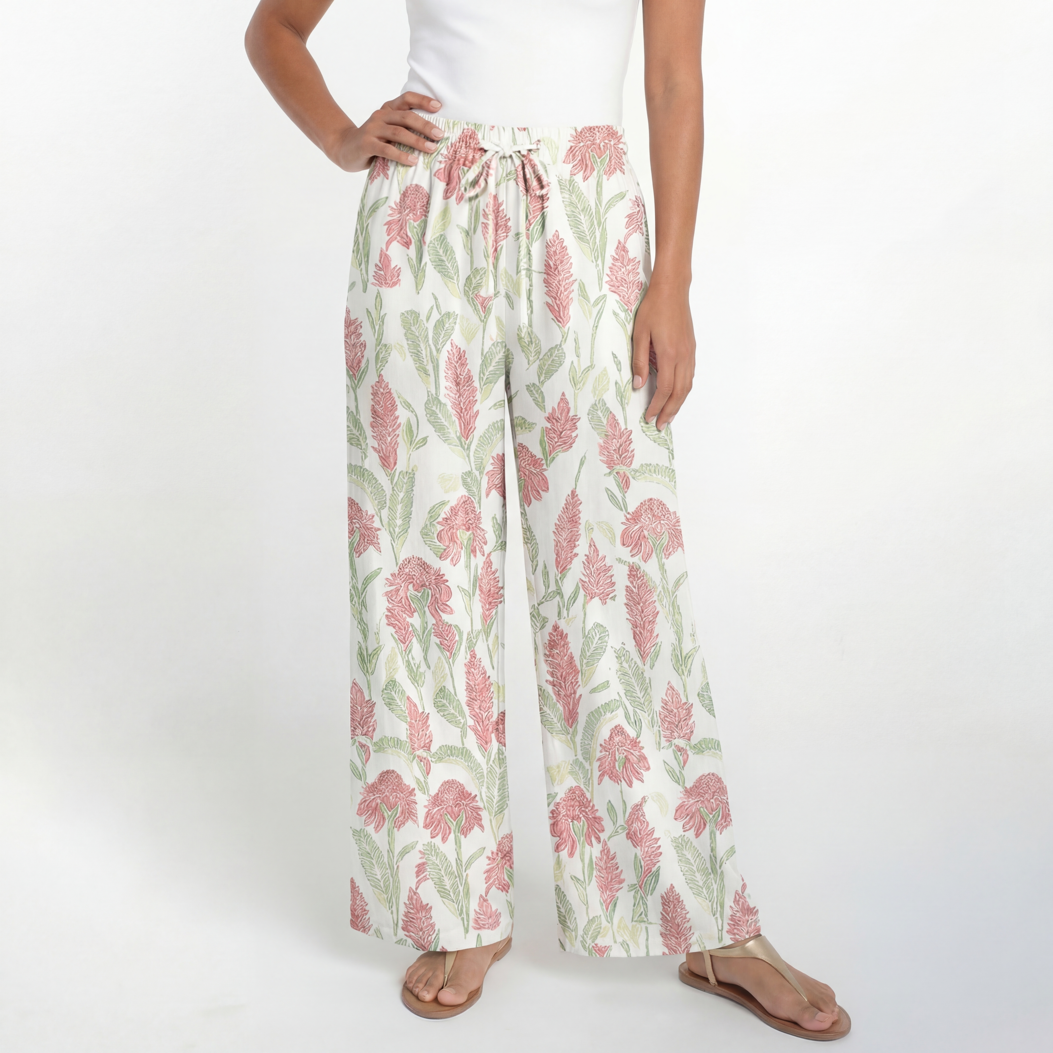  Boho Wild Feather Whisper Wide Leg Tie Waist Pants With Pockets