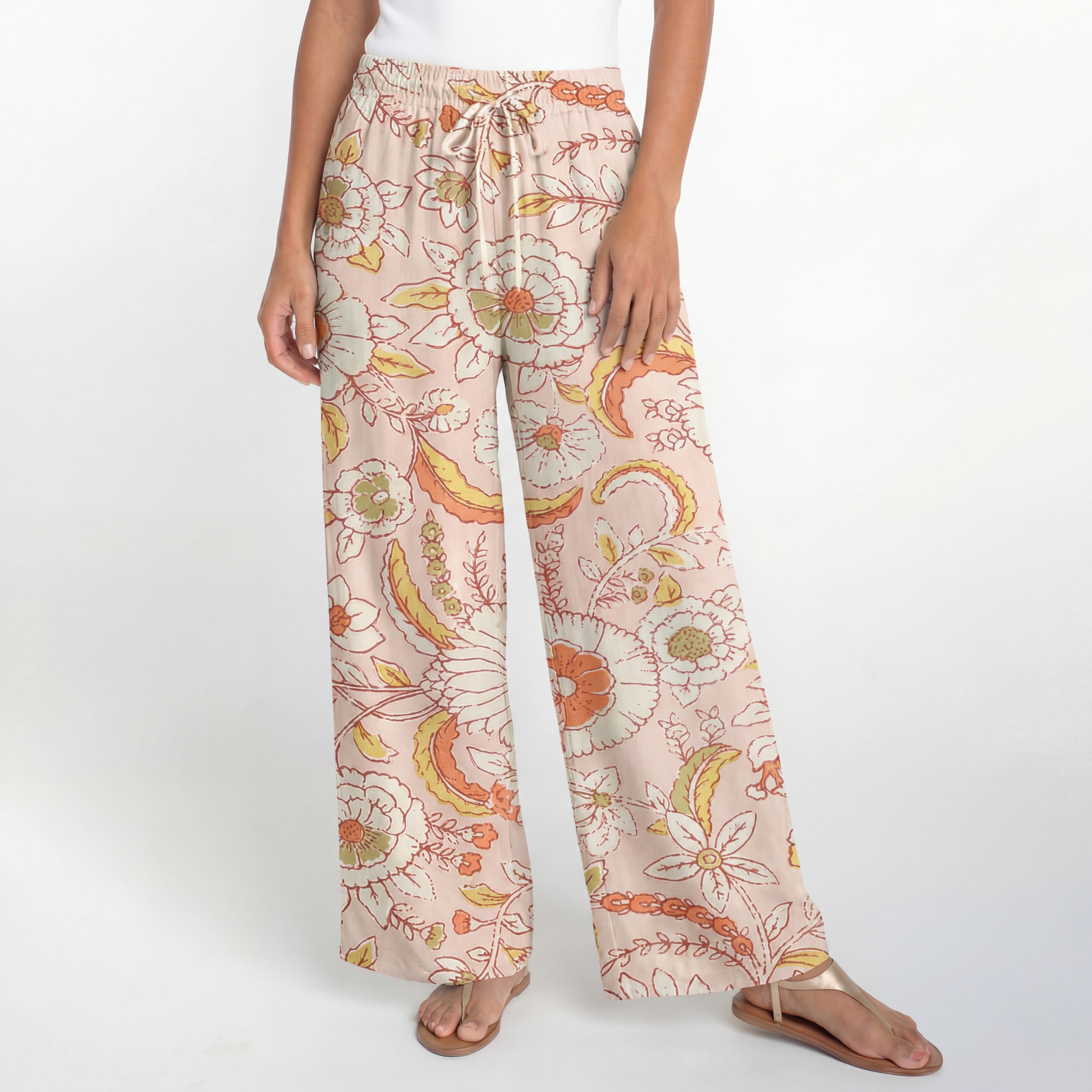  Boho Dusty Bloom Whisper Wide Leg Tie Waist Pants With Pockets
