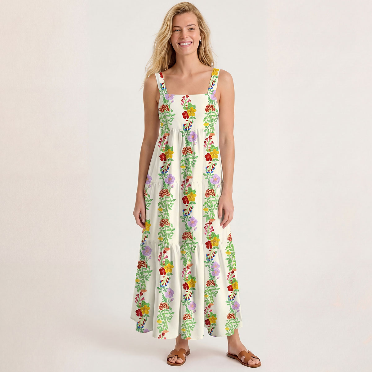 Square Neck Blossom Trail Print Slip Dress