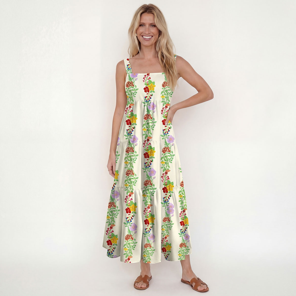 Square Neck Blossom Trail Print Slip Dress