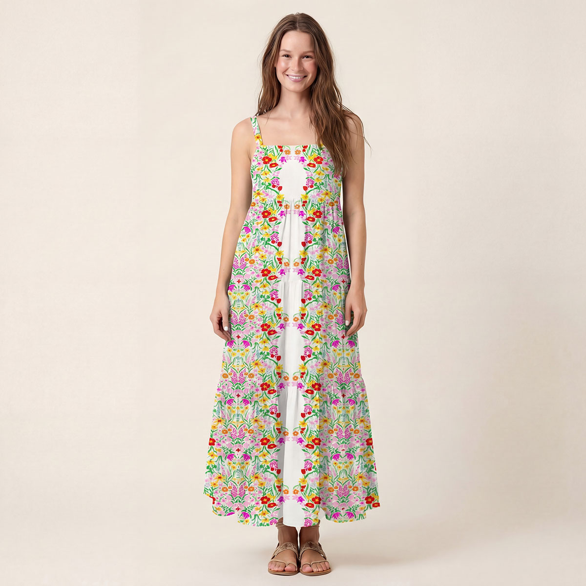Square Neck Elegant Garden Print Slip Dress