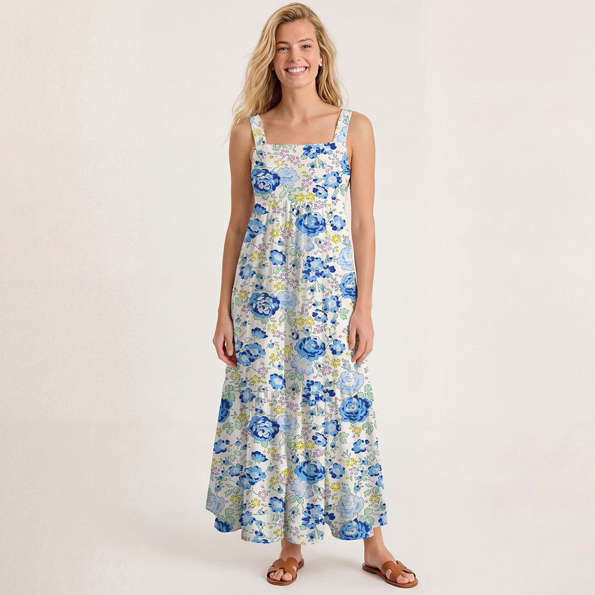 Square Neck Blue Rose Floral Print Slip Dress