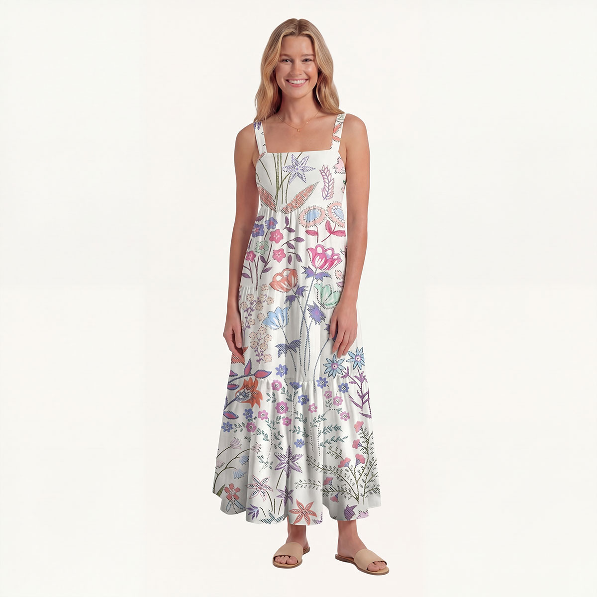 Square Neck Bohemian Wildflower Garden Print Slip Dress