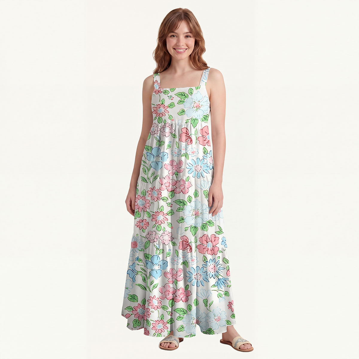 Square Neck Pastel Cottage Floral Print Slip Dress