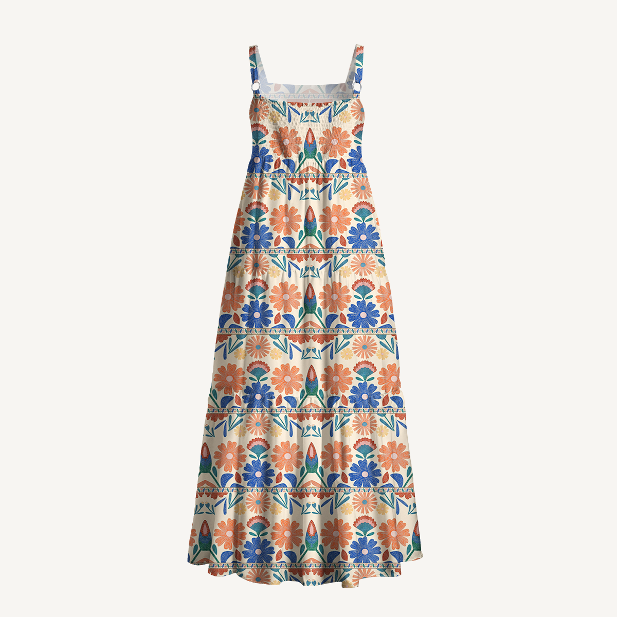 Square Neck Bohemian Folk Floral Stripe Print Slip Dress