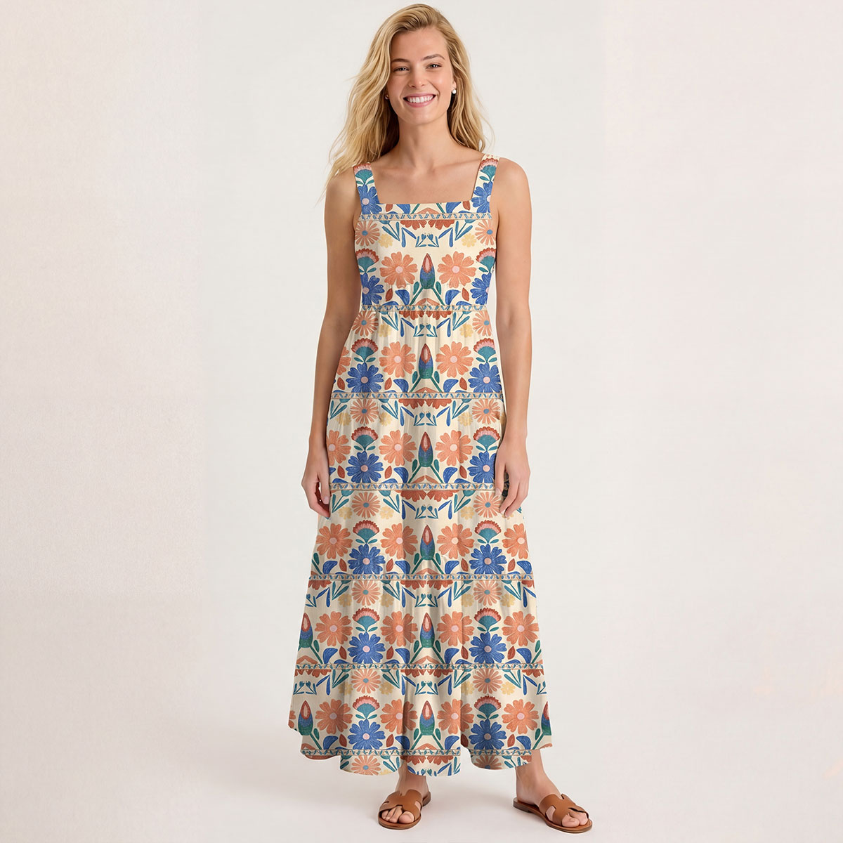 Square Neck Bohemian Folk Floral Stripe Print Slip Dress