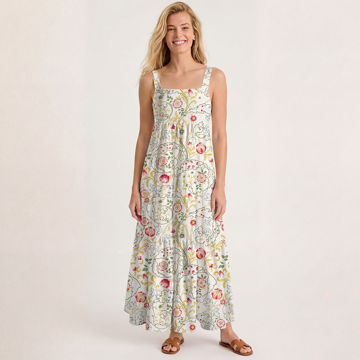 Square Neck Peony Vine Garden Print Slip Dress