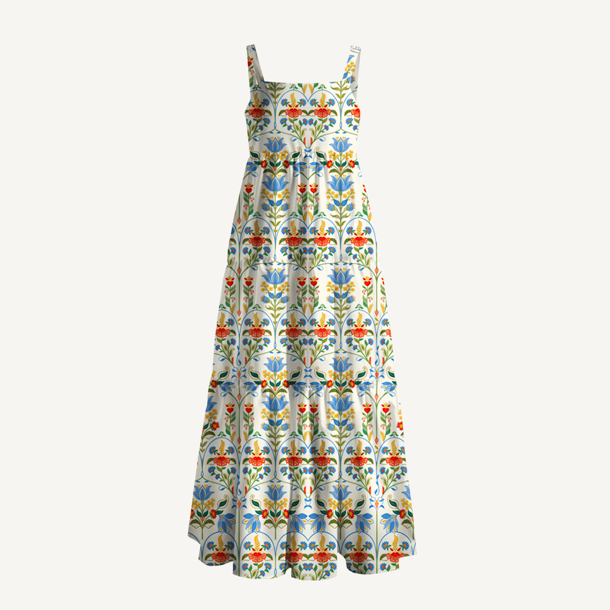 Square Neck Folk Bloom Print Slip Dress