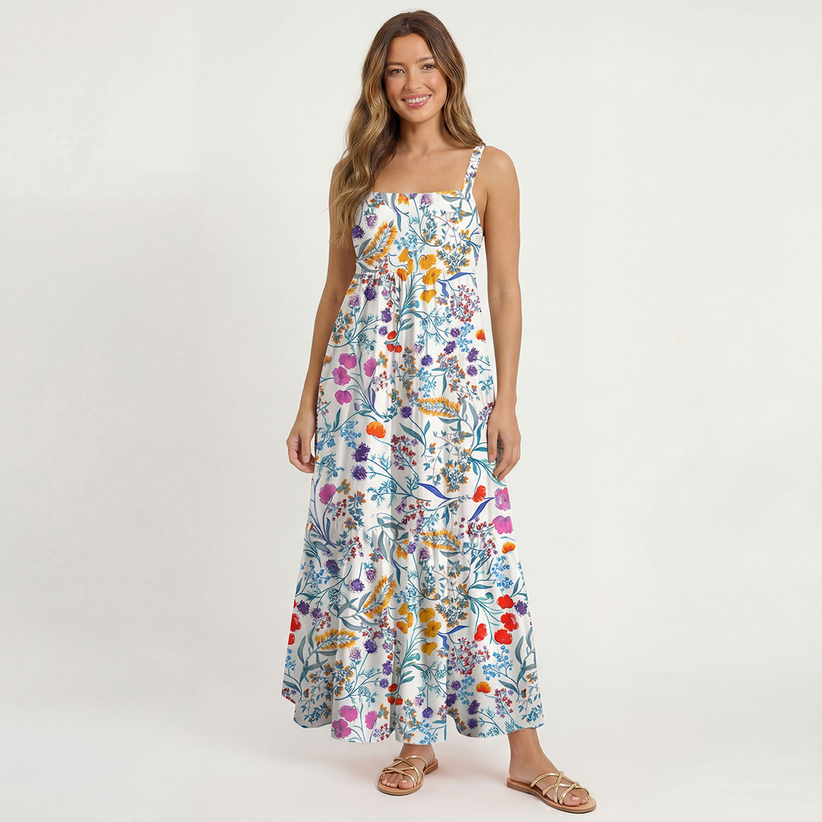 Square Neck Fiery Meadow Print Slip Dress