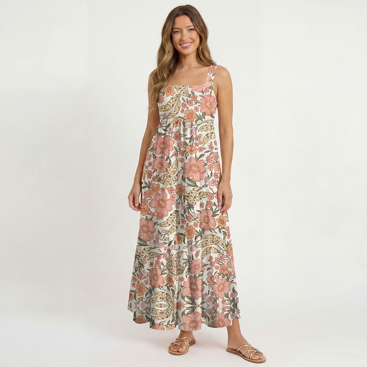 Square Neck Amber Bloom Print Slip Dress