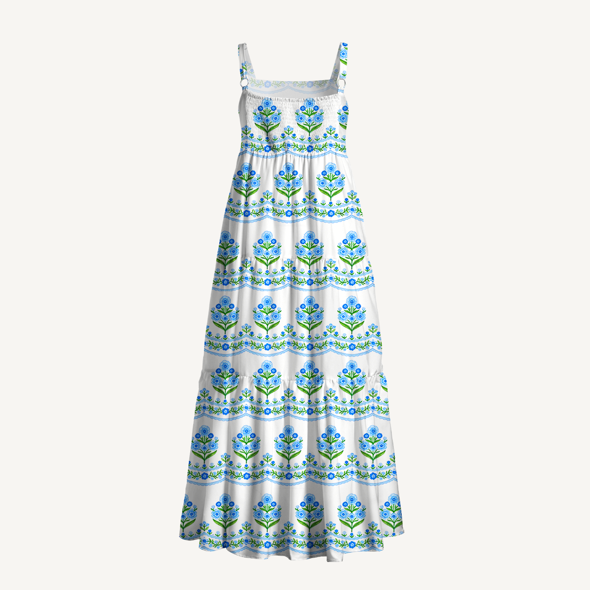 Square Neck Azure Folk Print Slip Dress