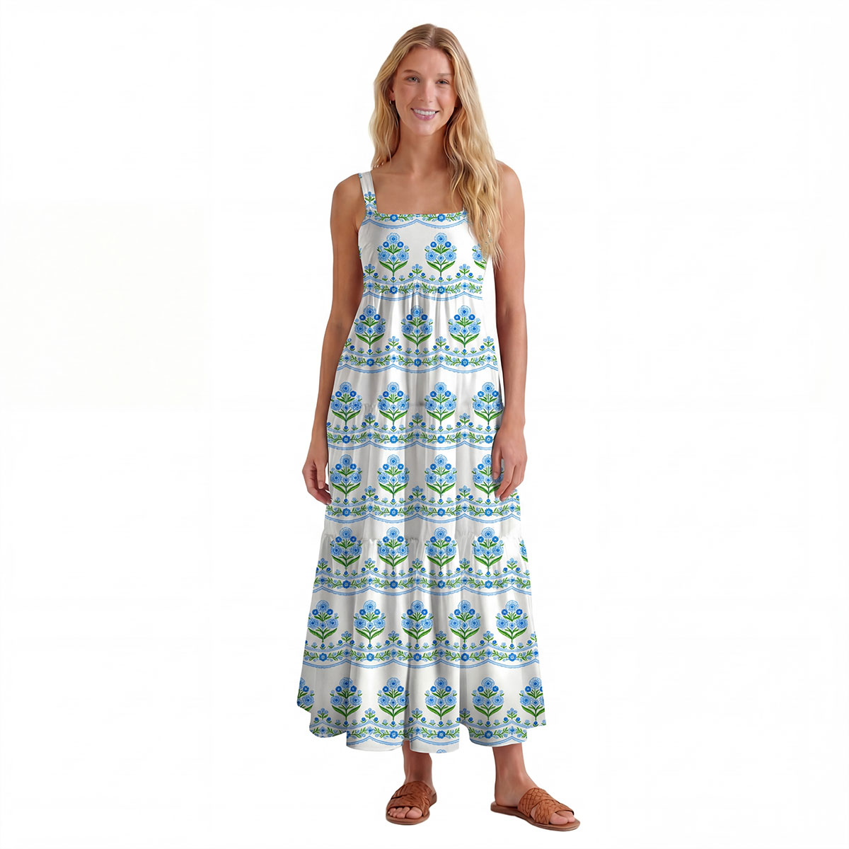 Square Neck Azure Folk Print Slip Dress