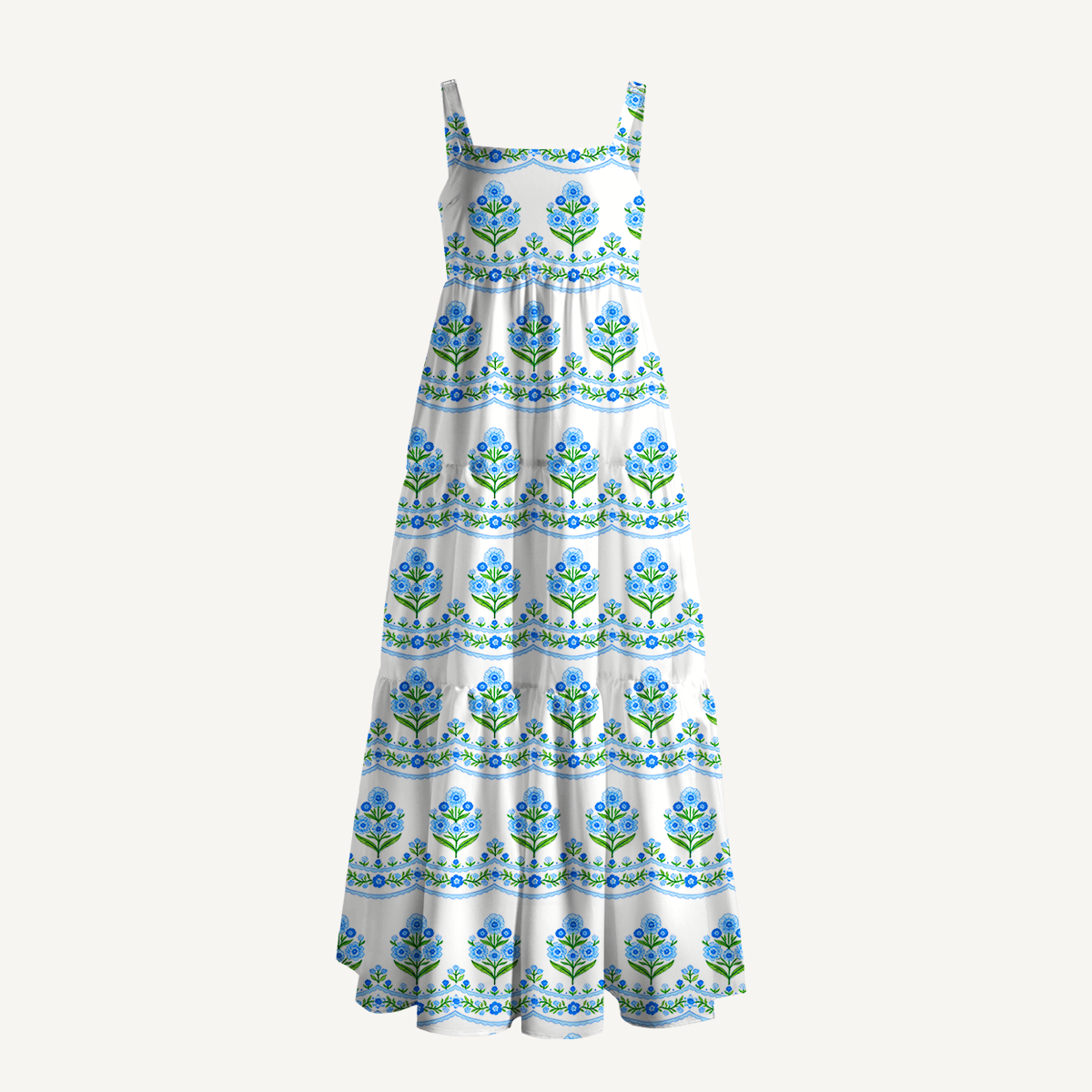 Square Neck Azure Folk Print Slip Dress