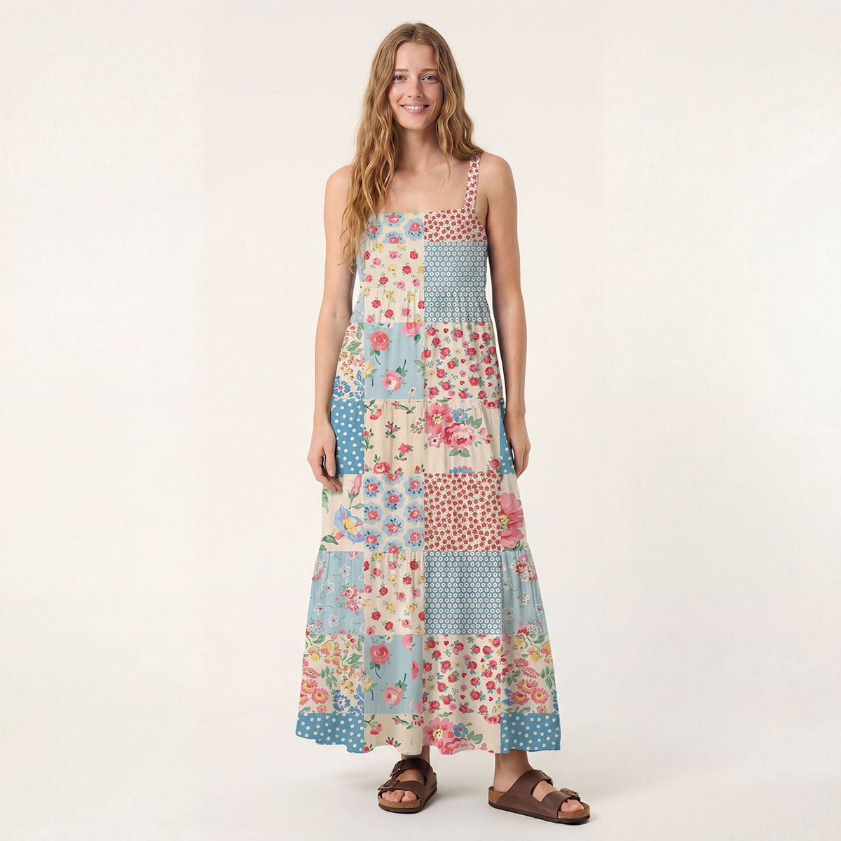 Square Neck Pastel Patc Print Slip Dress