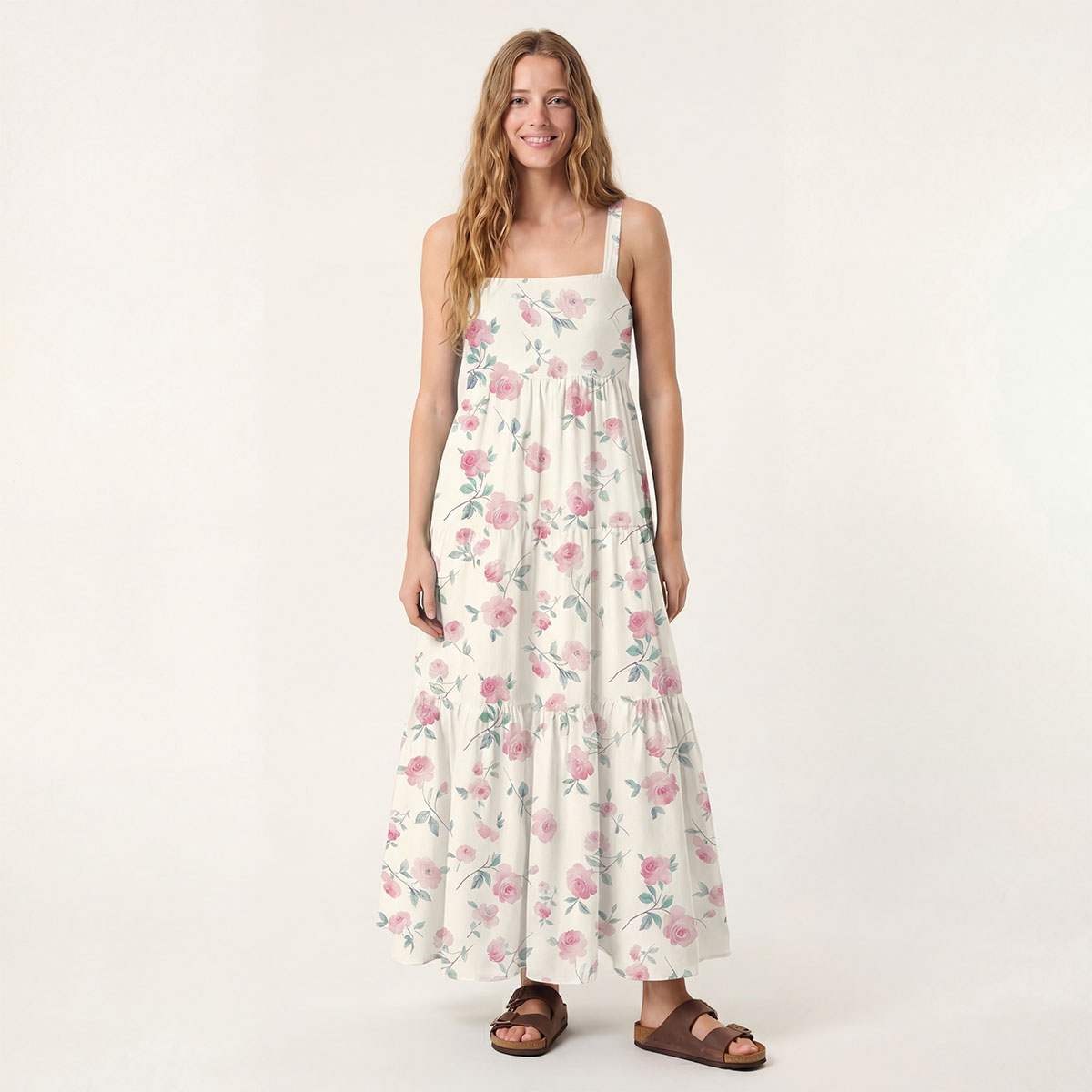 Square Neck Blush Rose Print Slip Dress