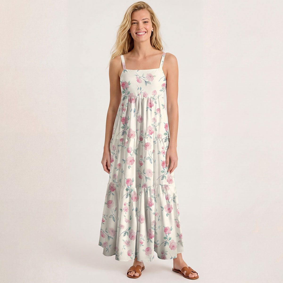 Square Neck Blush Rose Print Slip Dress