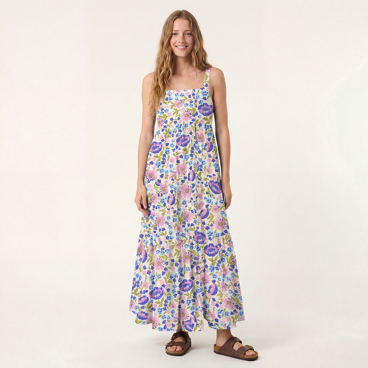 Square Neck Lavender Bloom Print Slip Dress