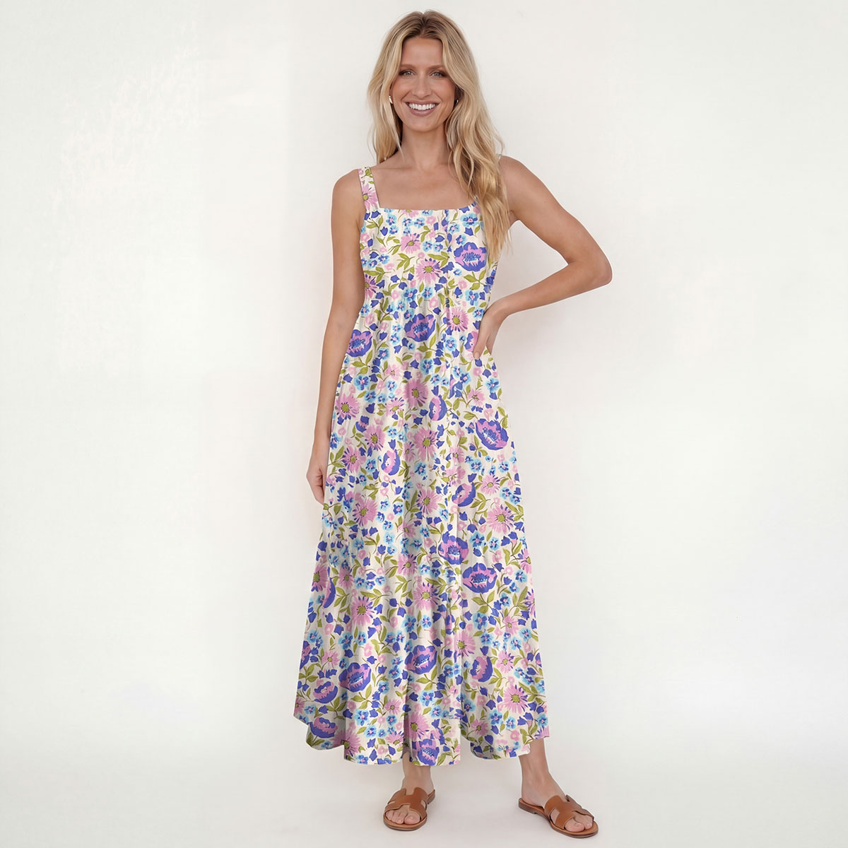 Square Neck Lavender Bloom Print Slip Dress