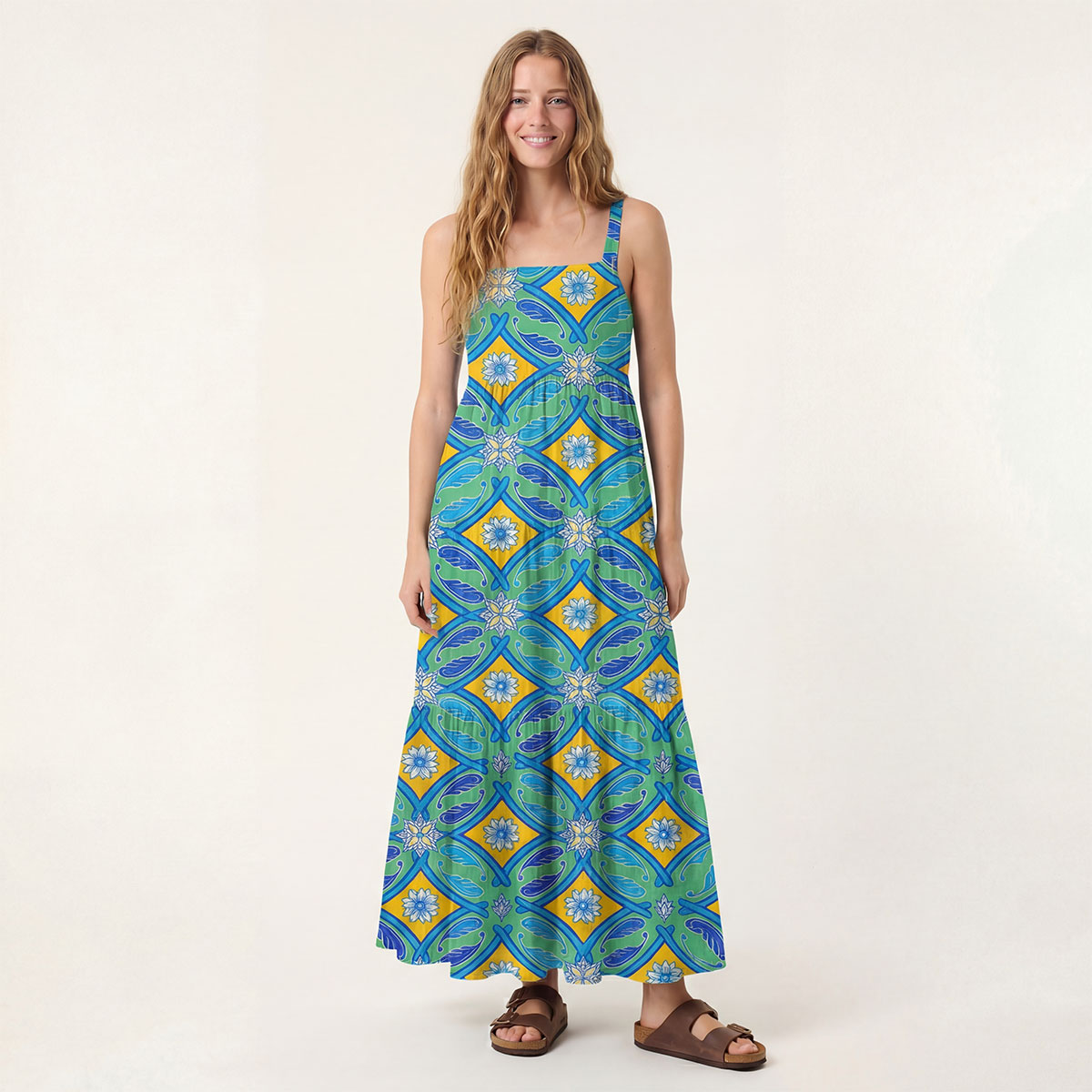 Square Neck Azure Tile Print Slip Dress