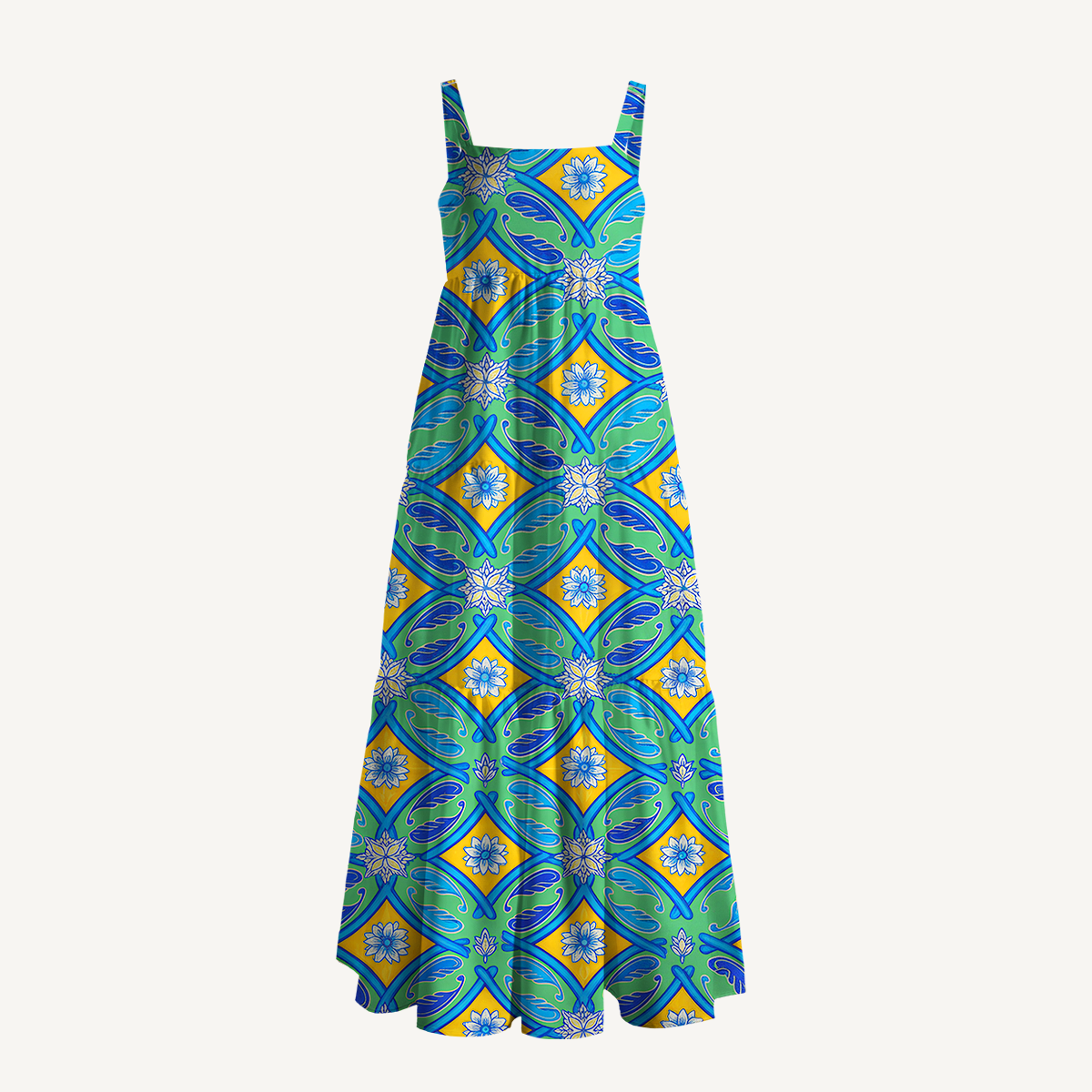 Square Neck Azure Tile Print Slip Dress