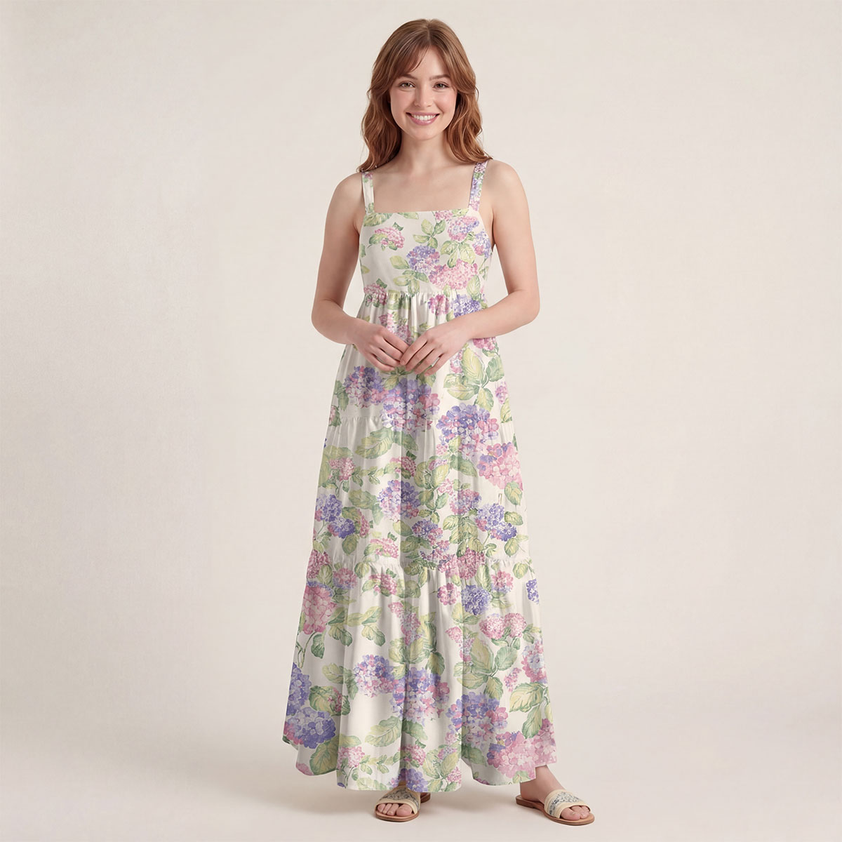 Square Neck Lilac Hydrangea Print Slip Dress
