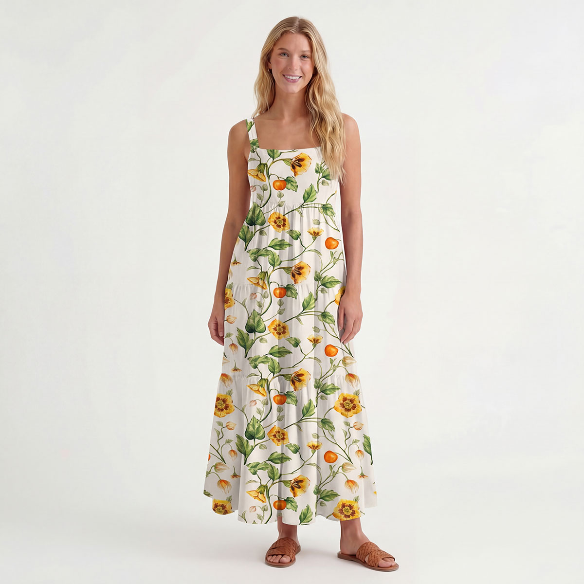Square Neck Golden Field Print Slip Dress