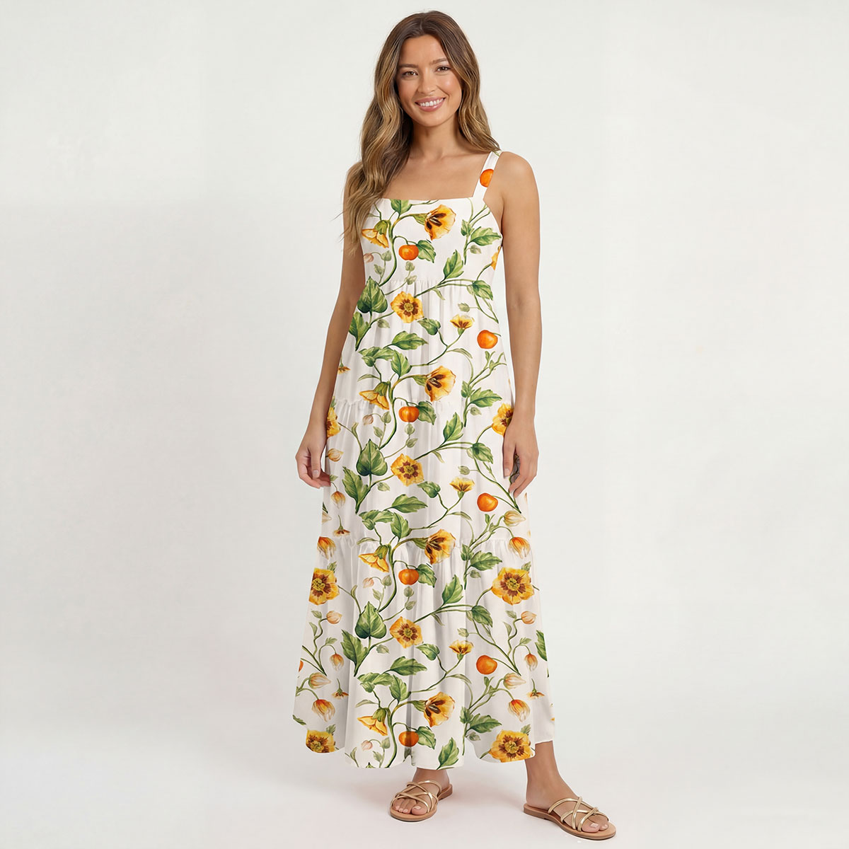 Square Neck Golden Field Print Slip Dress