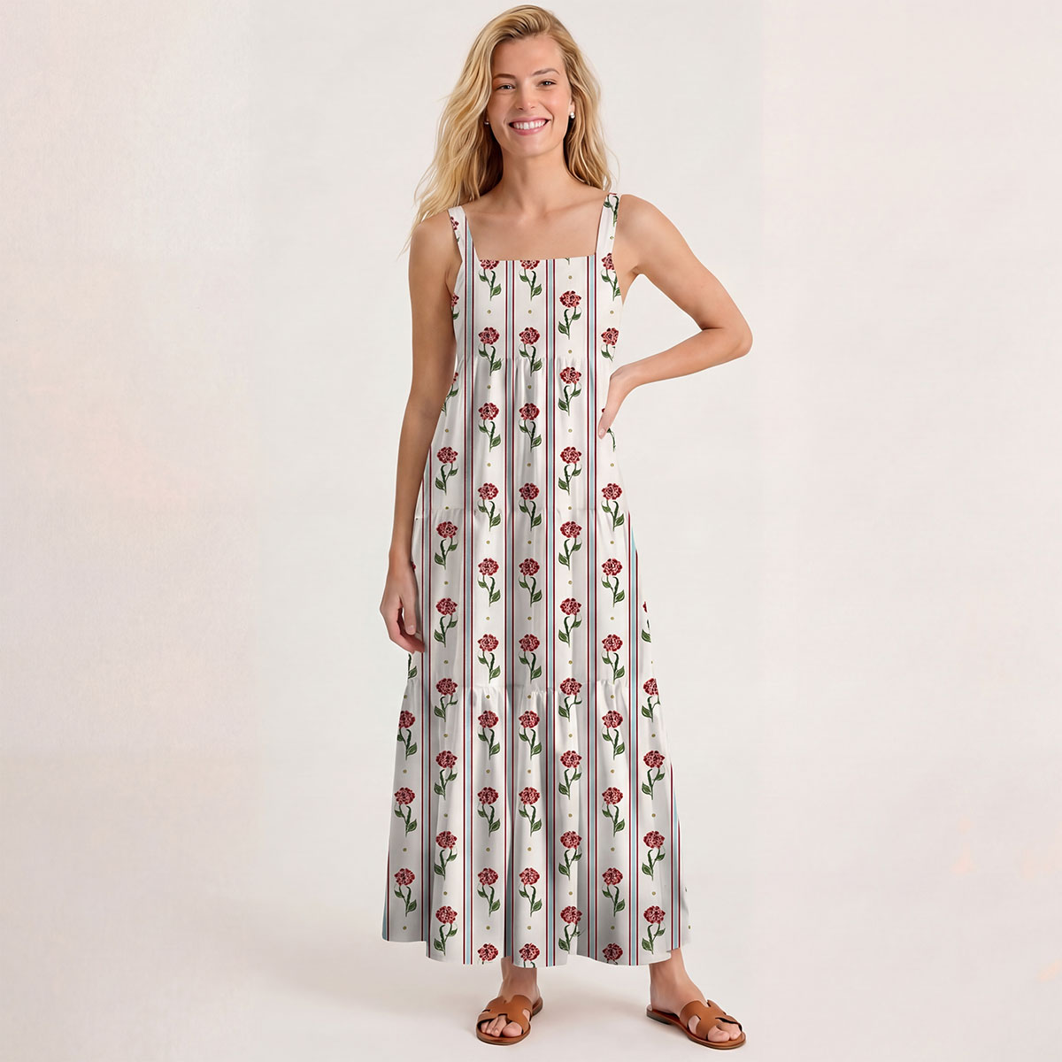 Square Neck Crimson Dianthus Print Slip Dress