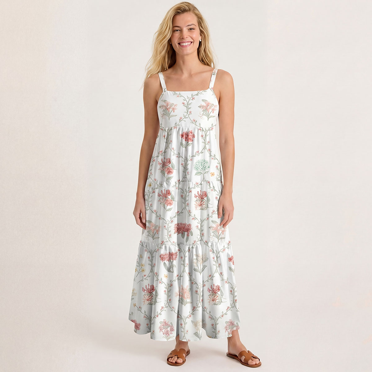 Square Neck Coral Vine Print Slip Dress
