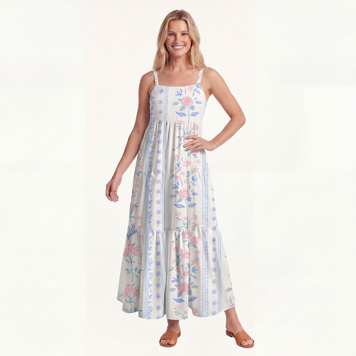 Square Neck Blue Rose Print Slip Dress
