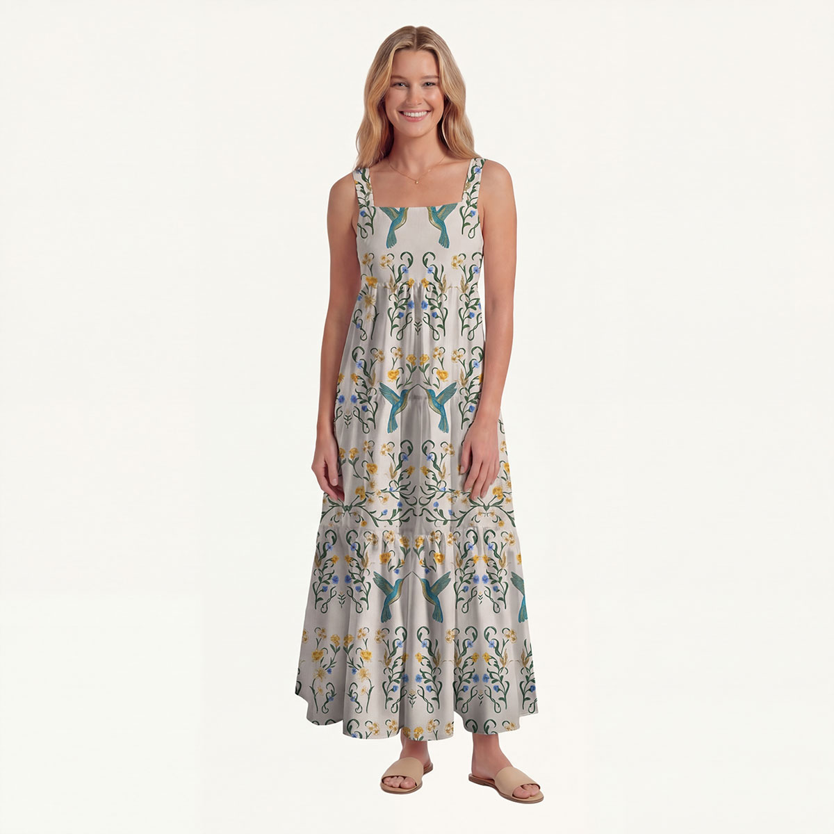 Square Neck Whispering Hummingbird Print Slip Dress