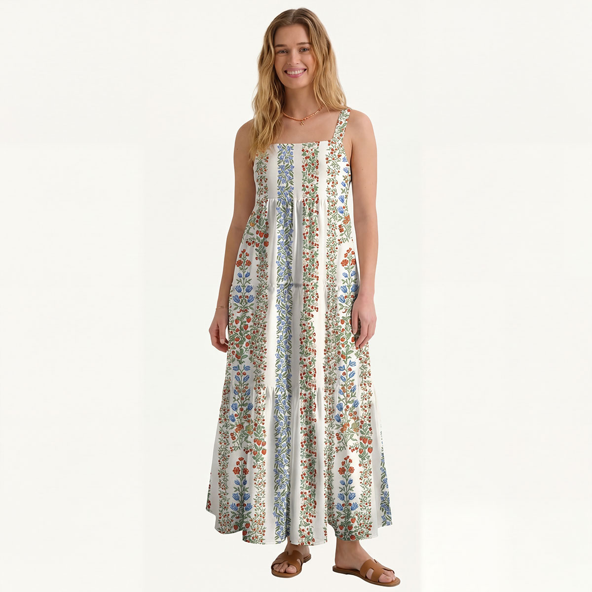 Square Neck Strawberry Vine Tales Print Slip Dress