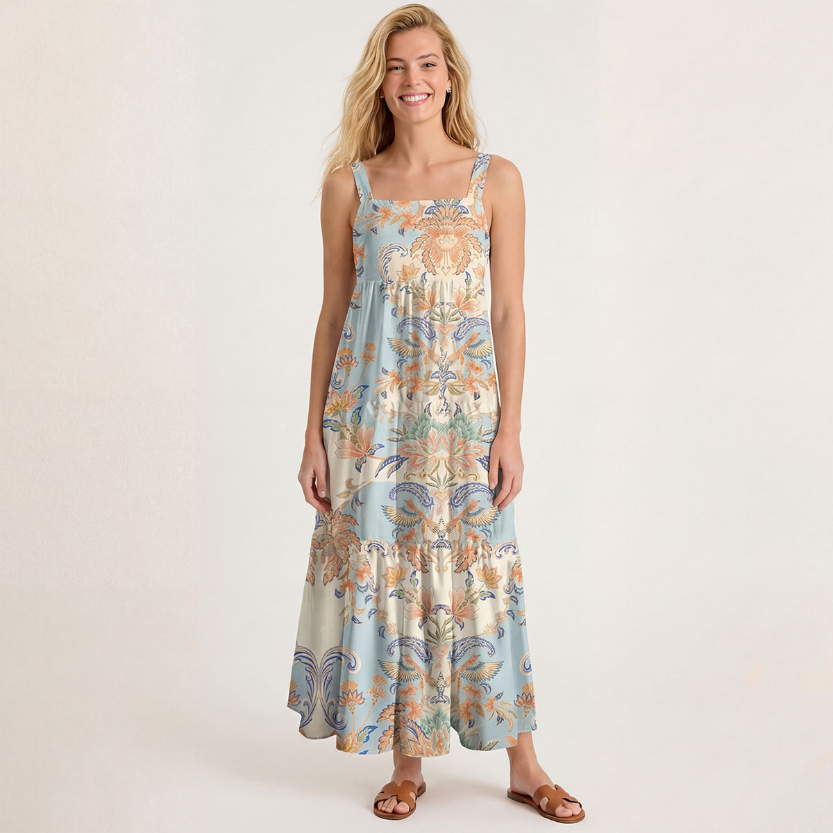 Square Neck Azure Lily Palace Print Slip Dress