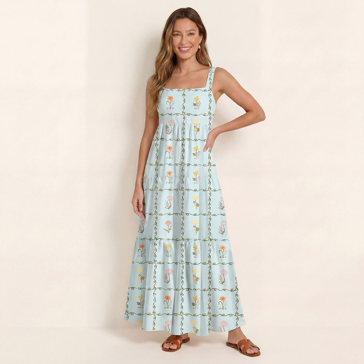 Square Neck Sunny Garden Tiles Print Slip Dress