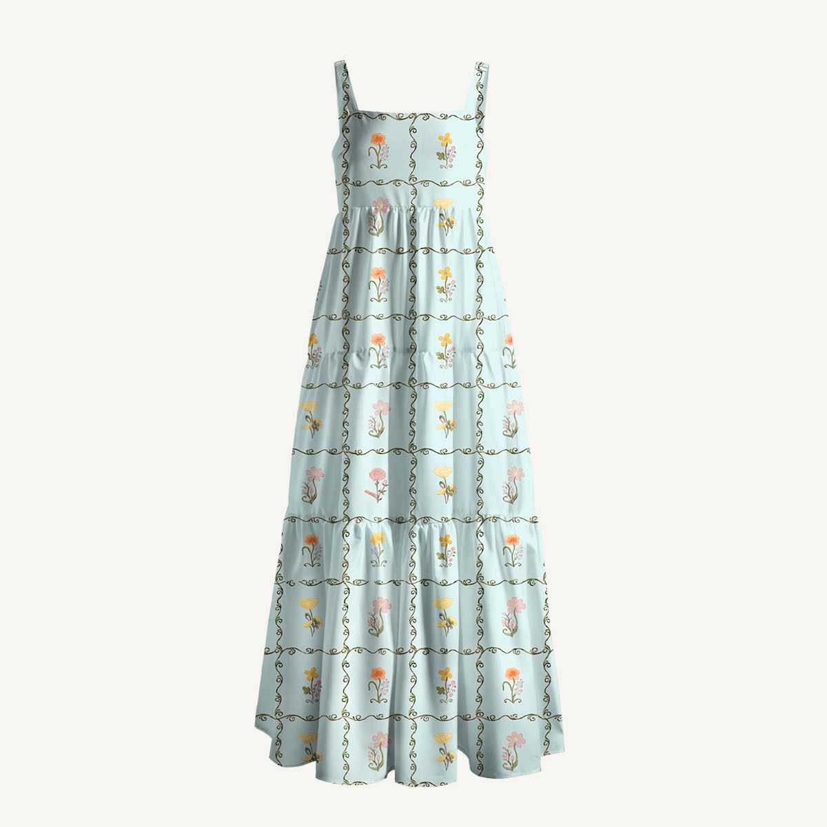 Square Neck Sunny Garden Tiles Print Slip Dress