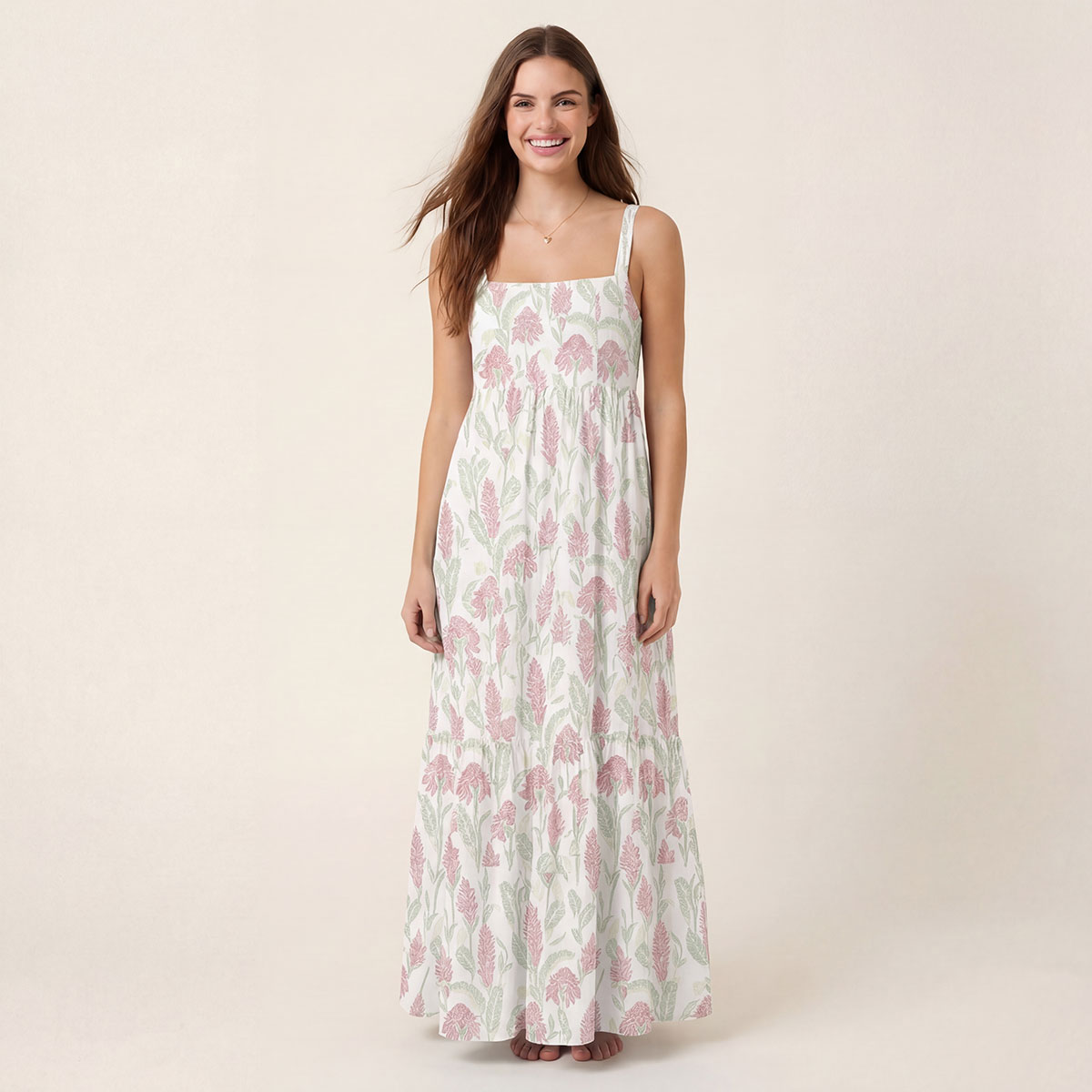 Square Neck Wild Feather Whisper Print Slip Dress