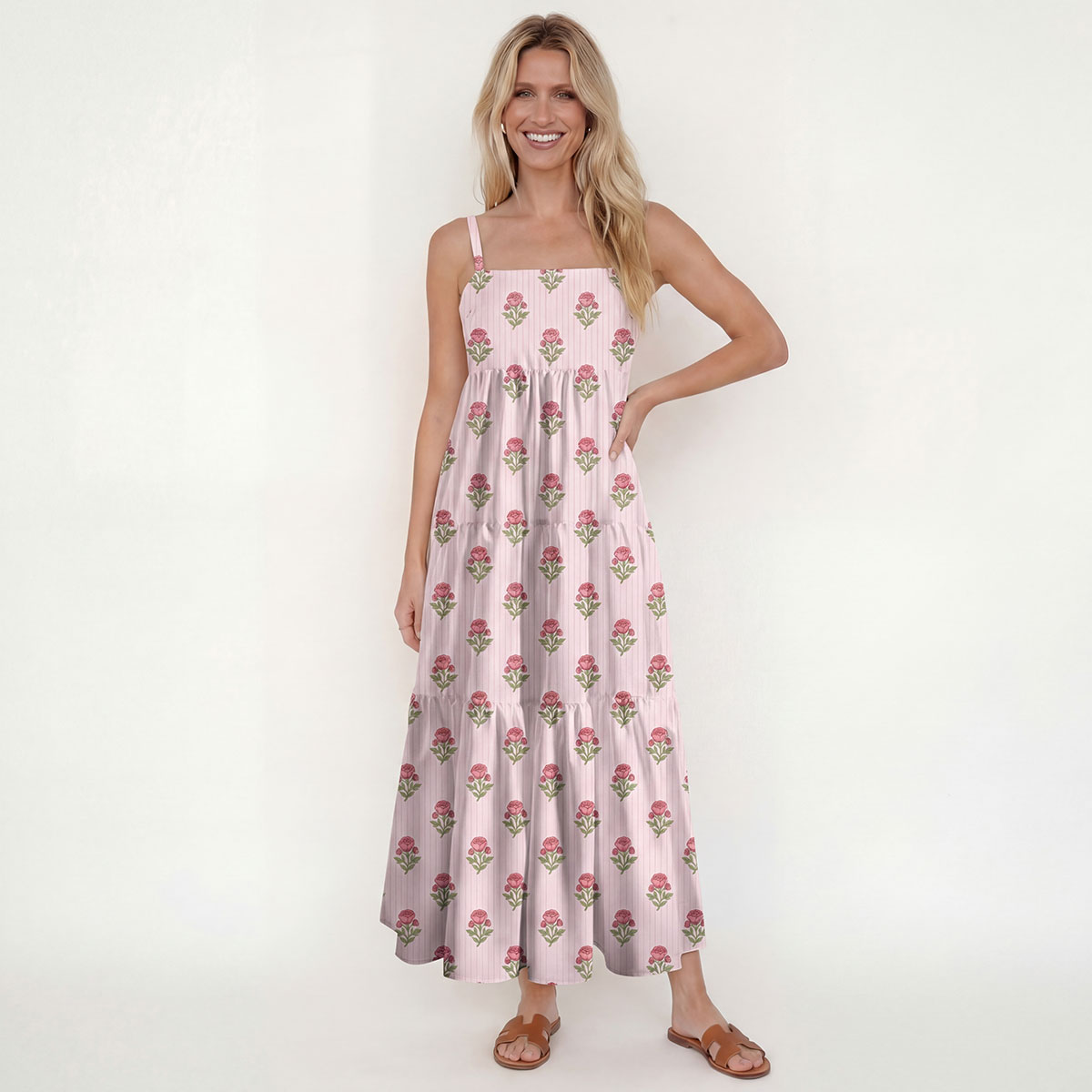 Square Neck Misty Rose Garden Print Slip Dress