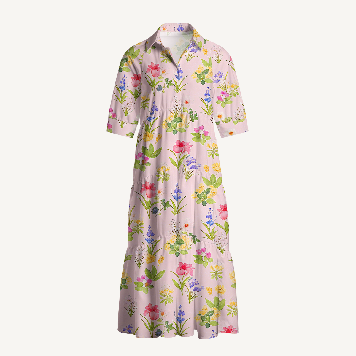  V Neck Collared Delicate Blossom Casual Long Shirt Dress