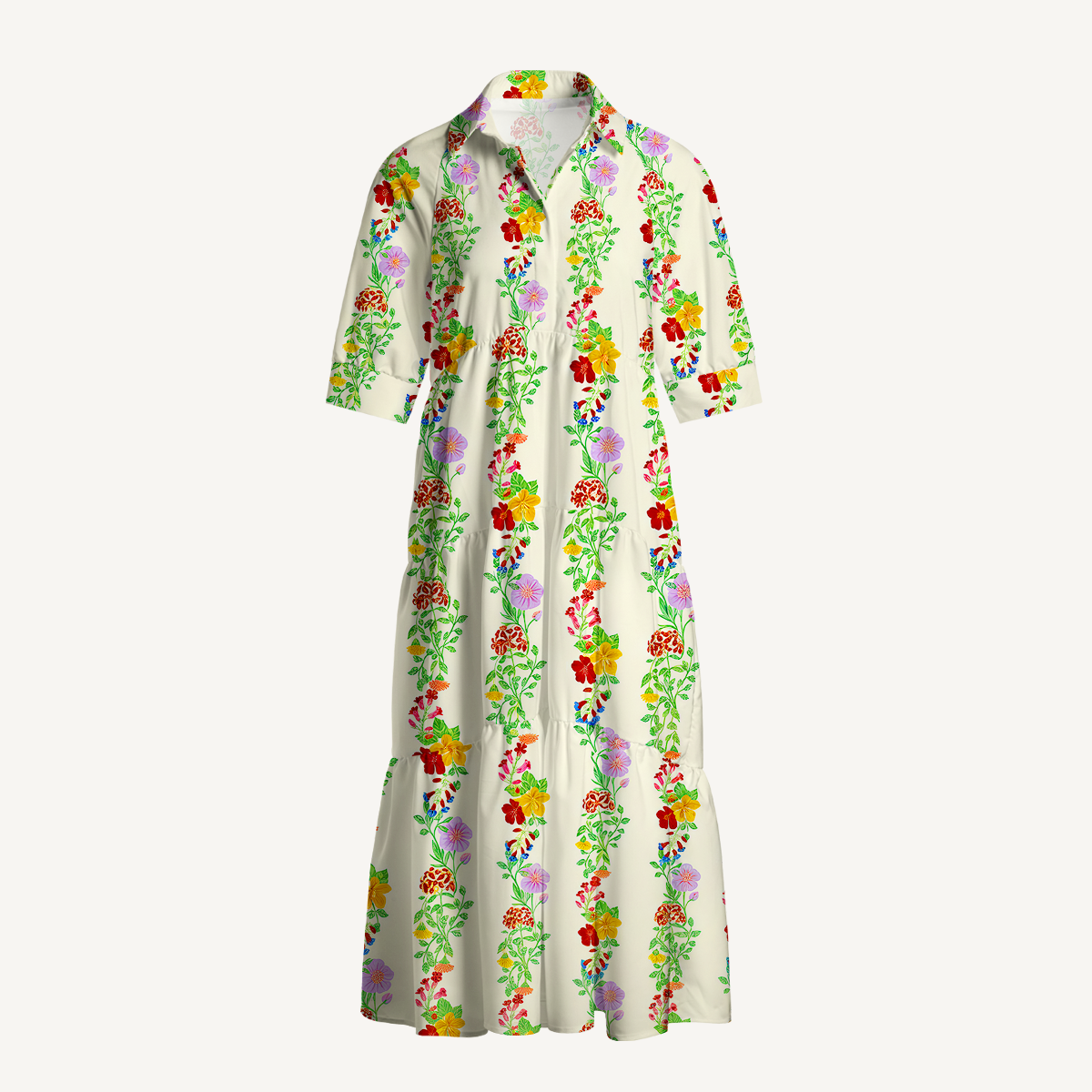  V Neck Collared Blossom Trail Casual Long Shirt Dress