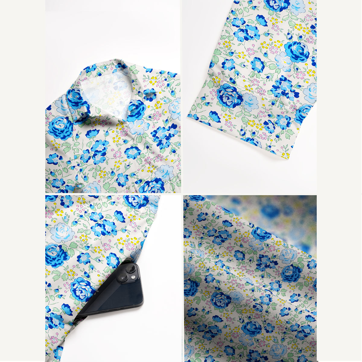  V Neck Collared Blue Rose Floral Casual Long Shirt Dress