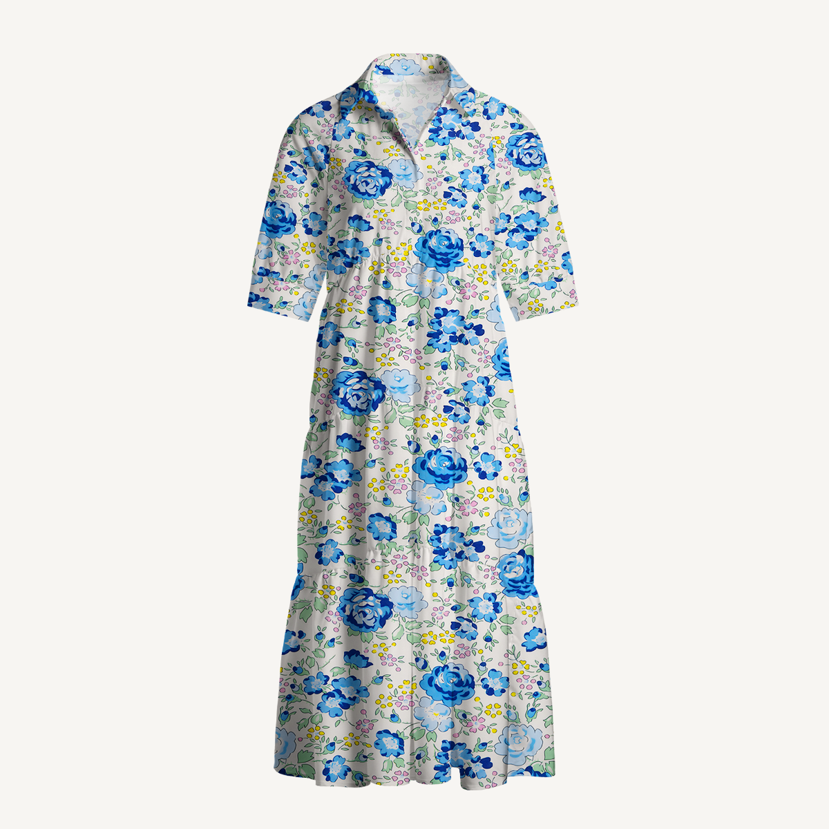  V Neck Collared Blue Rose Floral Casual Long Shirt Dress