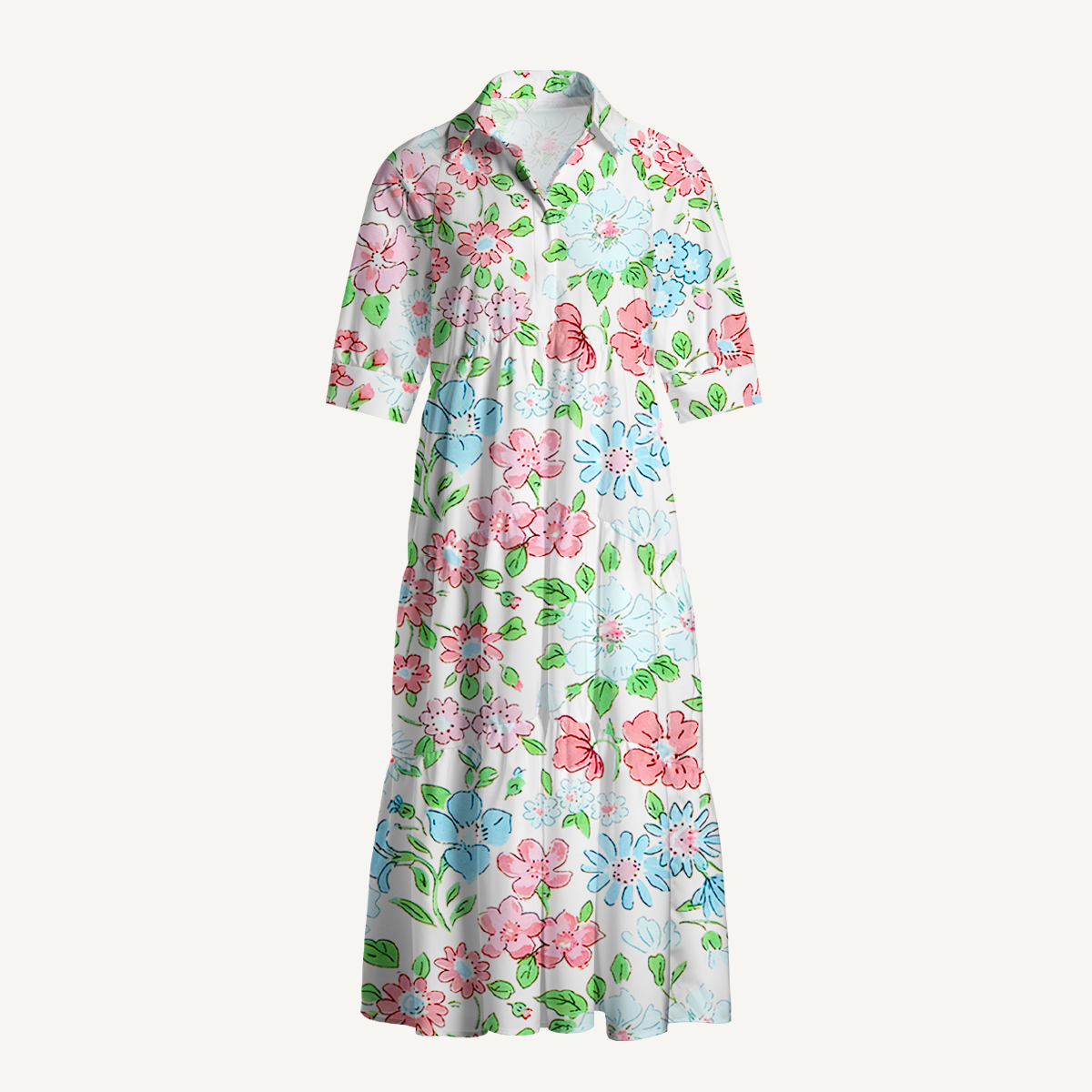  V Neck Collared Pastel Cottage Floral Casual Long Shirt Dress